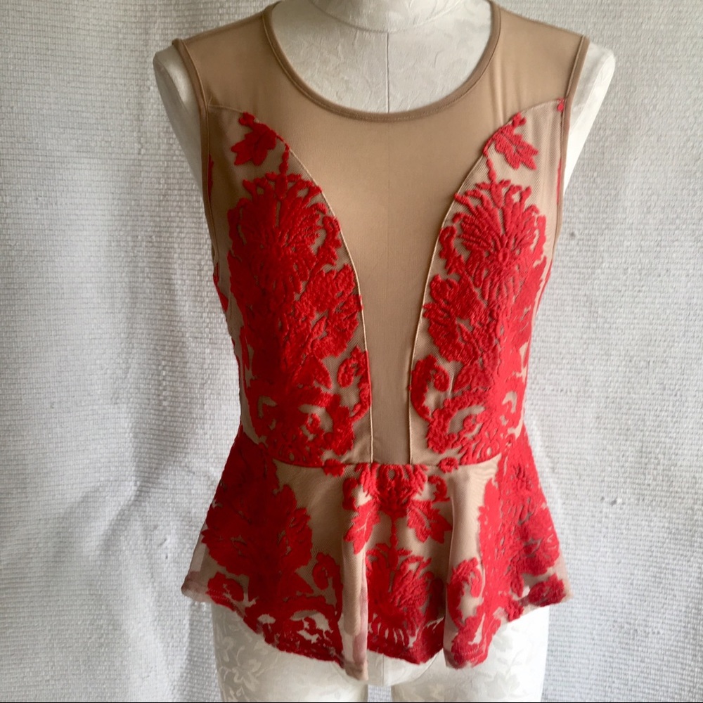 For Love & Lemons Nude Illusion Peplum Plunge Top